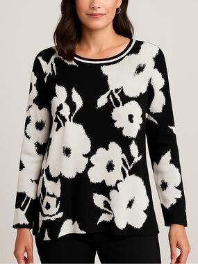 CHICO’S large floral print sweater lightweight black white size large Chico’s 2